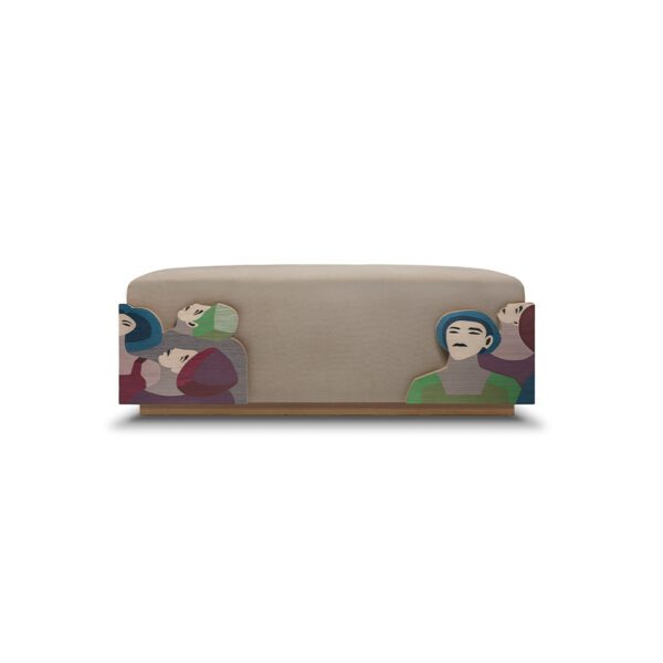 DREAMERS Bench: Artistic Wooden Bench with Multicolor Veneers and Upholstery, Inspired by Hady Boraey's Iconic Painting