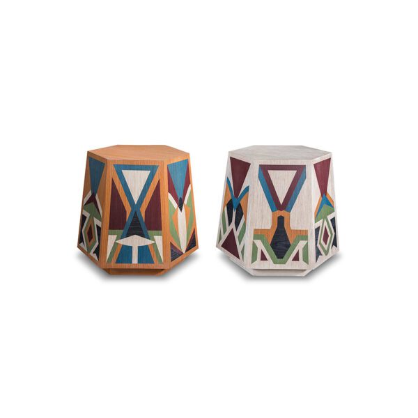 HEXA Stool: A Fusion of Geometric Elegance and Spiritual Symbolism in Multicolor Wood Veneer Finish