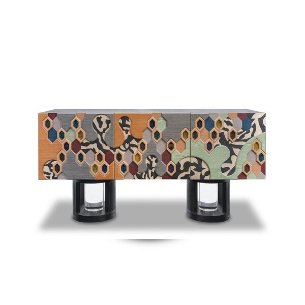 Honey Comb Sideboard: Artistic Wood and Glass Sideboard with Geometric Design and Vibrant Colors