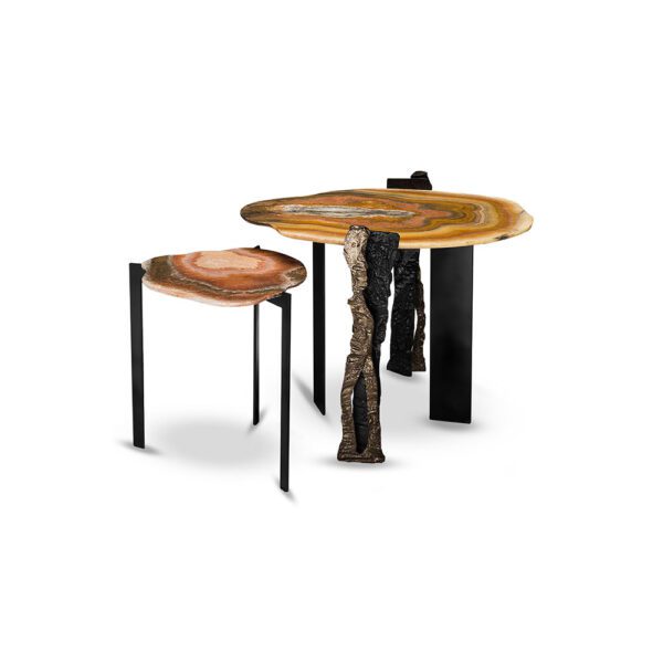 R'Kan CONNECTION Side Table: Versatile Nesting Tables of Brass, Onyx, and Black Metal for Modern Interiors
